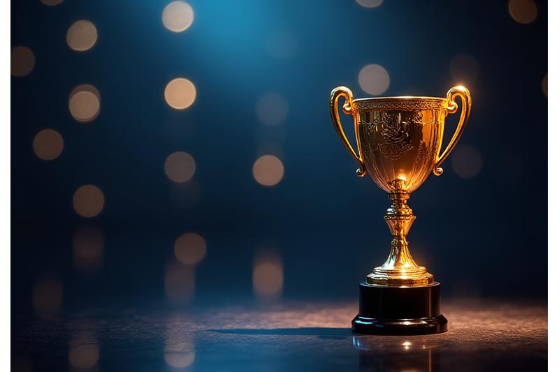 A close-up of a gleaming gold trophy with a blurred background, suggesting success and recognition.