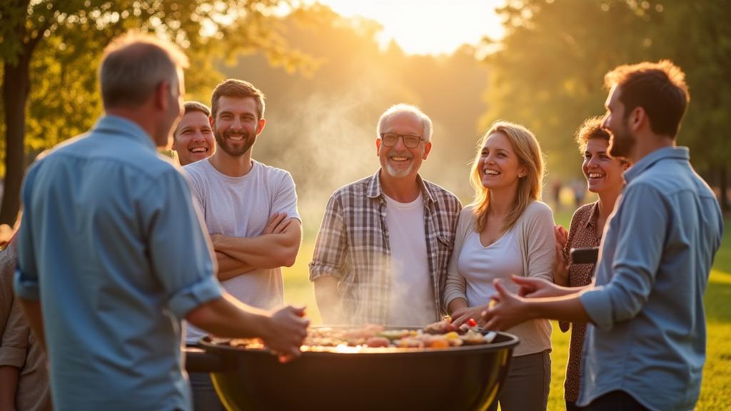 A community grilling event in a park, with families enjoying freshly grilled food.