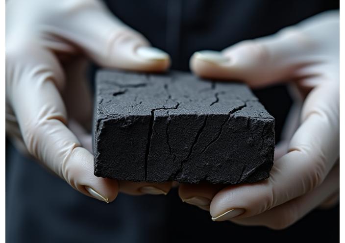 A pair of hands meticulously inspecting a piece of charcoal, highlighting its quality and texture.