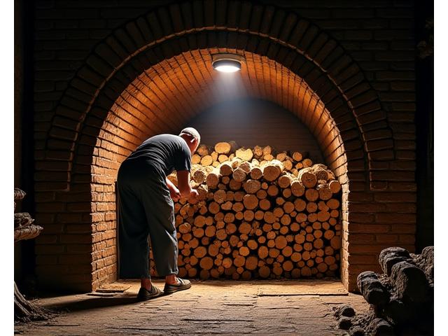 Artisan stacking wood in a charcoal kiln