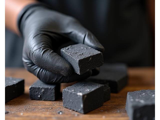 Artisan inspecting charcoal chunks for quality