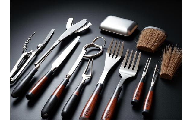 Large commercial BBQ tool set with multiple oversized spatulas and tongs