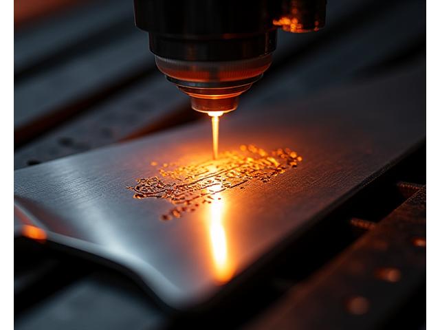 Close-up of a laser engraving machine etching a logo onto a metal BBQ tool handle