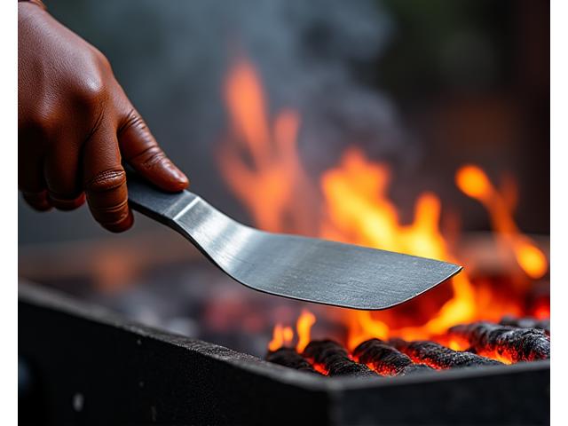 Professional chef's hand holding a high-quality stainless steel grilling spatula over a smoking grill
