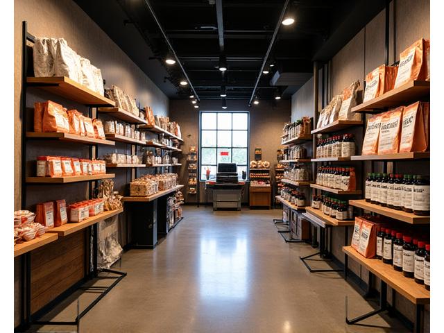 Interior of Ember & Stone Provisions showroom in Markham, showcasing artisan grilling products on wooden shelves.