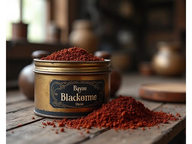 An antique-style spice tin labeled 'Bayou Blackening Dust', with a dark, coarse spice blend spilling slightly from the lid, evoking old-world charm.