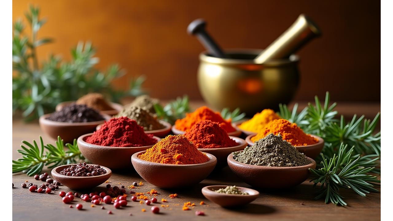 A collection of varied spices in small, rustic bowls, surrounded by fresh herbs and a mortar and pestle, with warm, soft lighting.
