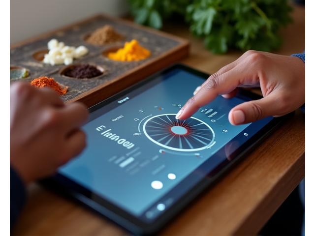 Close-up of a hand interacting with a digital tablet displaying an interactive spice blending interface, with various colorful spices in the background.