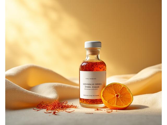 A small, elegantly labeled bottle of 'Saffron & Citrus Twilight' spice blend, standing on a bed of dried saffron threads and citrus zest.