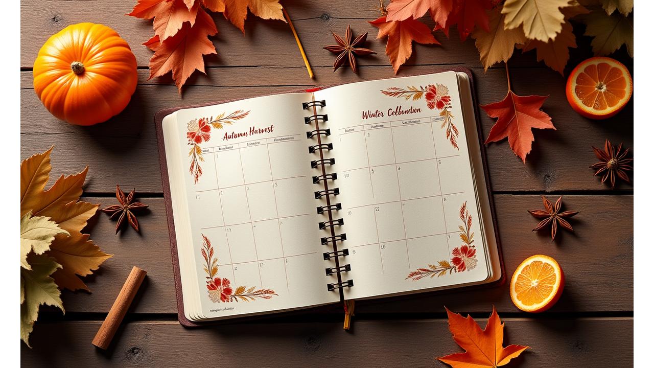 A rustic wooden table displaying a beautifully designed calendar focused on seasonal ingredients and events, surrounded by autumn spices like cinnamon sticks, star anise, and dried orange slices.