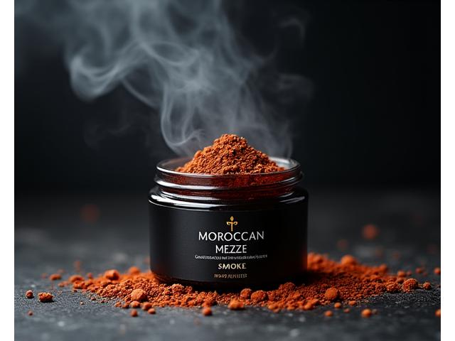 A premium spice jar labeled 'Moroccan Mezze Smoke', showcasing a dark, rich blend of spices. Hints of smoke wisp around the jar.