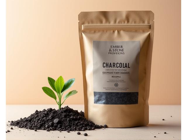 Close-up of Ember & Stone Provisions charcoal in compostable, kraft paper packaging next to a green shoot.