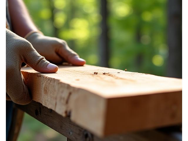 Hands inspecting sustainably sourced wood from an Ontario forest, demonstrating responsible forestry.