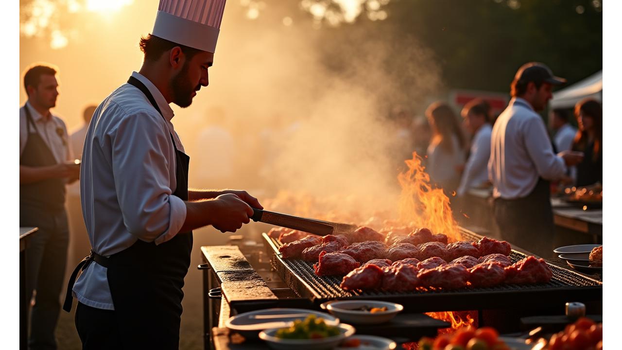 Chef preparing a large BBQ event spread with Ember & Stone supplies