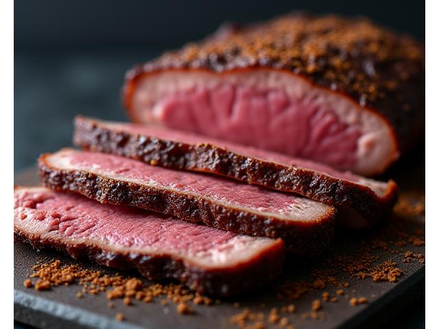 Perfectly smoked brisket with a rich bark, seasoned with Ember & Stone rub