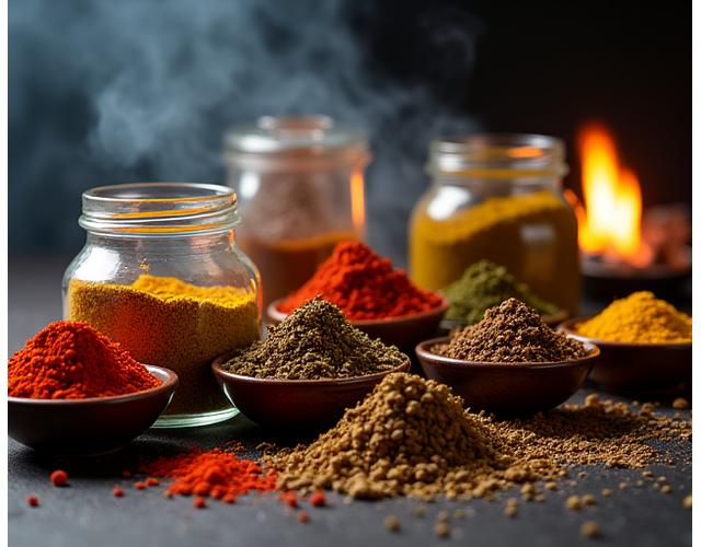 Vibrant array of diverse gourmet spice rubs and marinades in artisan jars and bowls, creatively arranged with smoke and glowing embers