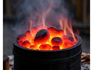 Glowing artisan charcoal with faint smoke curls