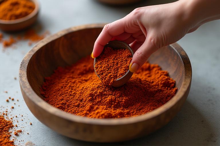 Hand blending spices in a traditional bowl