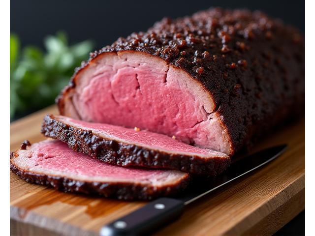 Perfectly smoked beef brisket with a dark bark