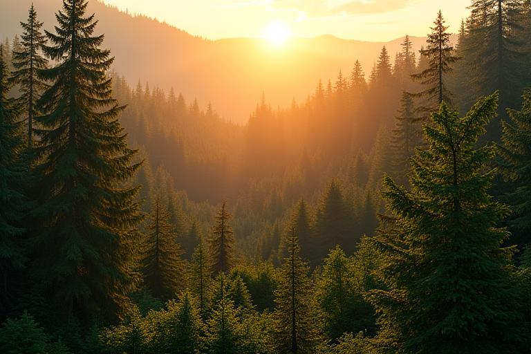 Healthy, thriving green forest with sunlight