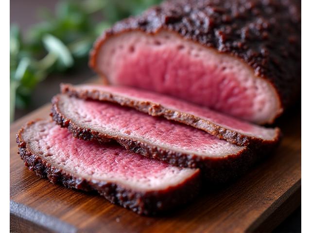 Perfectly smoked beef brisket, sliced and ready to serve