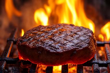 Close-up of a steak searing on a hot grill, flames visible