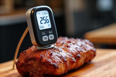 Digital meat thermometer inserted into a piece of grilled meat