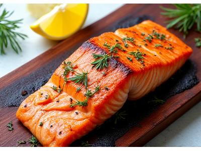 Grilled salmon fillet with dill and lemon on a cedar plank