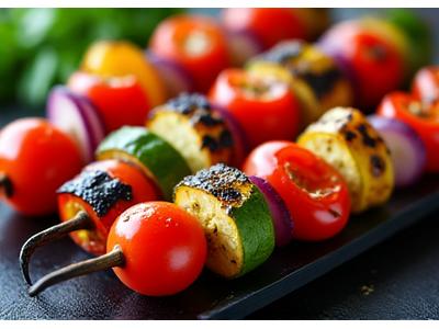 Colorful grilled vegetable skewers with bell peppers, zucchini, and cherry tomatoes