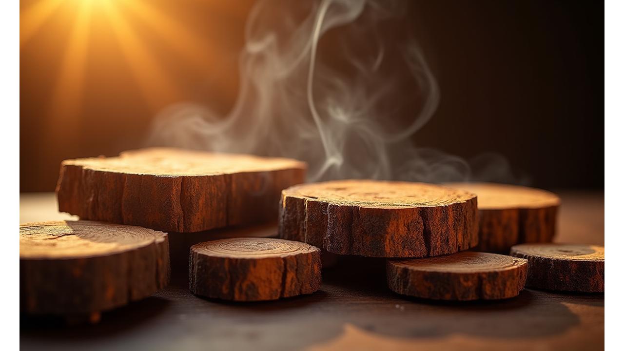 Close-up view of premium, exotic smoking wood chunks, emanating a gentle, aromatic smoke, lit by warm, golden light.