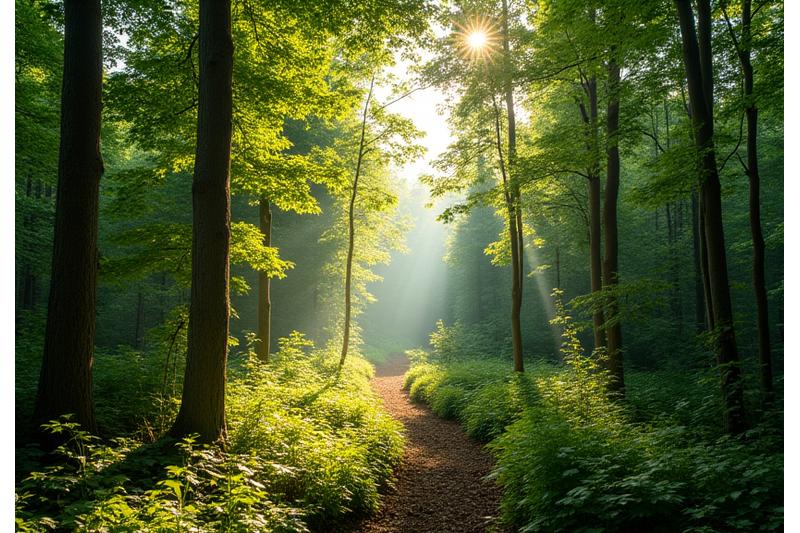 A serene, sun-dappled forest in rural Ontario, showcasing lush, healthy trees, suggesting sustainable harvesting practices.