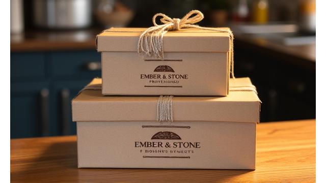 Neatly stacked Ember & Stone Provisions product boxes, ready for shipment.
