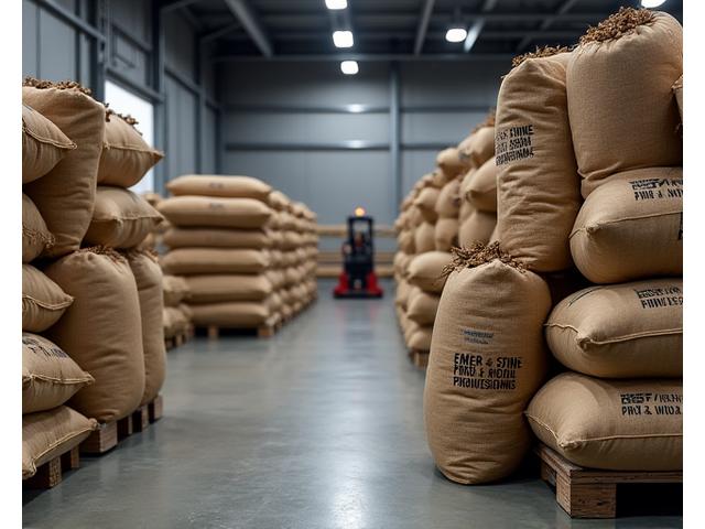 Large burlap sacks of wood chips ready for commercial delivery