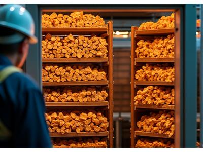 Kiln-dried wood chunks being inspected